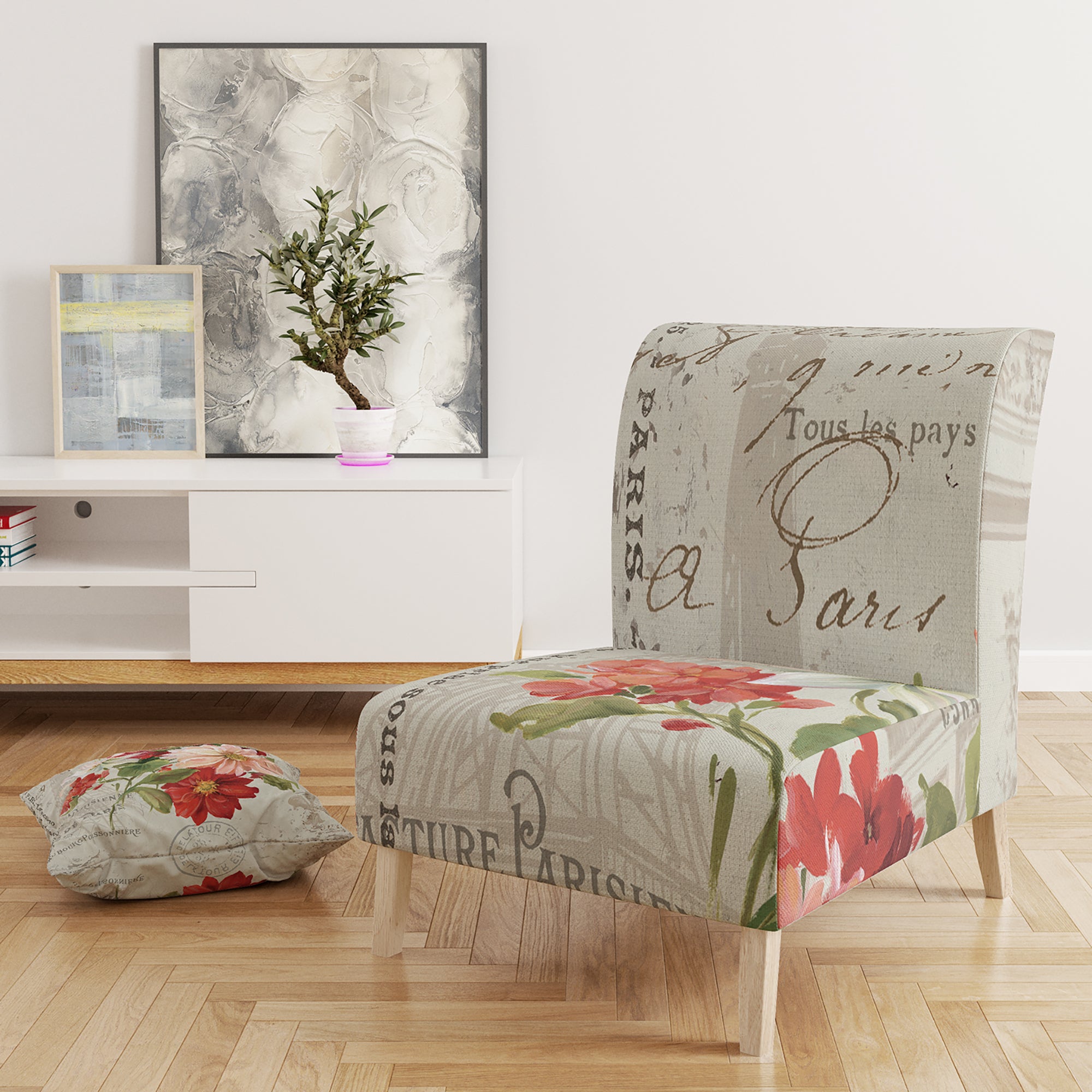 Designart 'Red Painted Flowers on Vintage Postcard II' Farmhouse Accent Chair