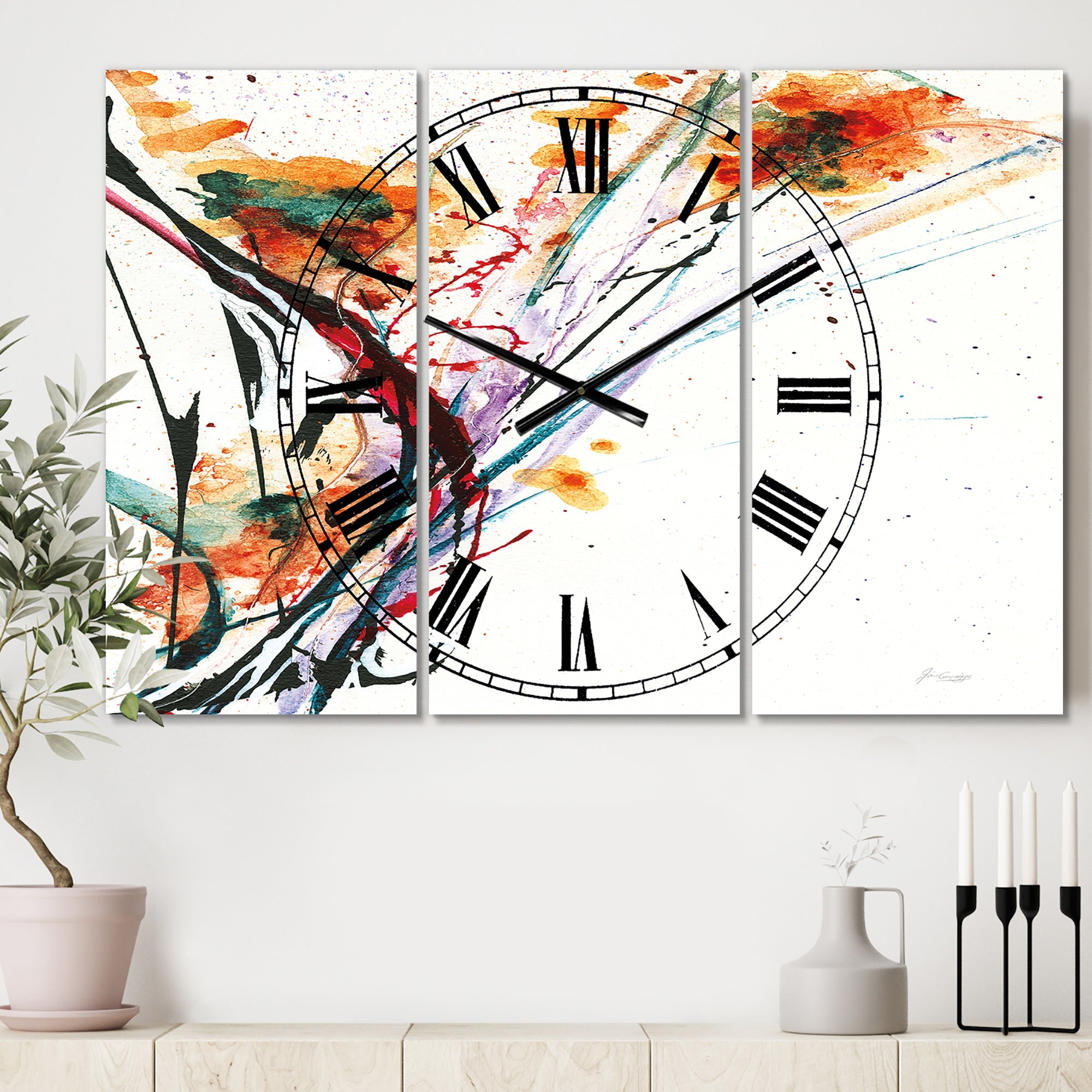 Abstract Orange Flowers - Cottage 3 Panels Oversized Wall CLock