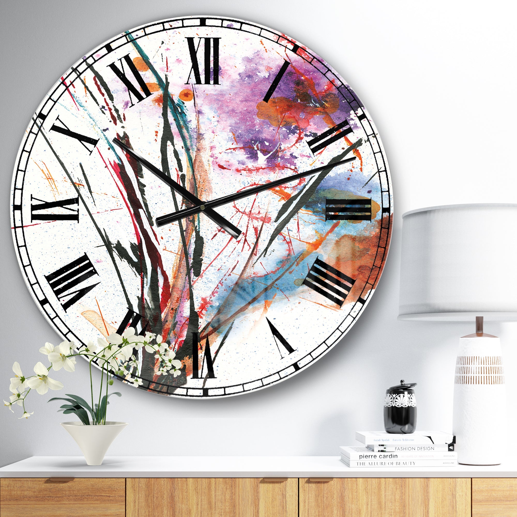 Abstract Purple and Blue Flowers - Traditional Large Wall CLock