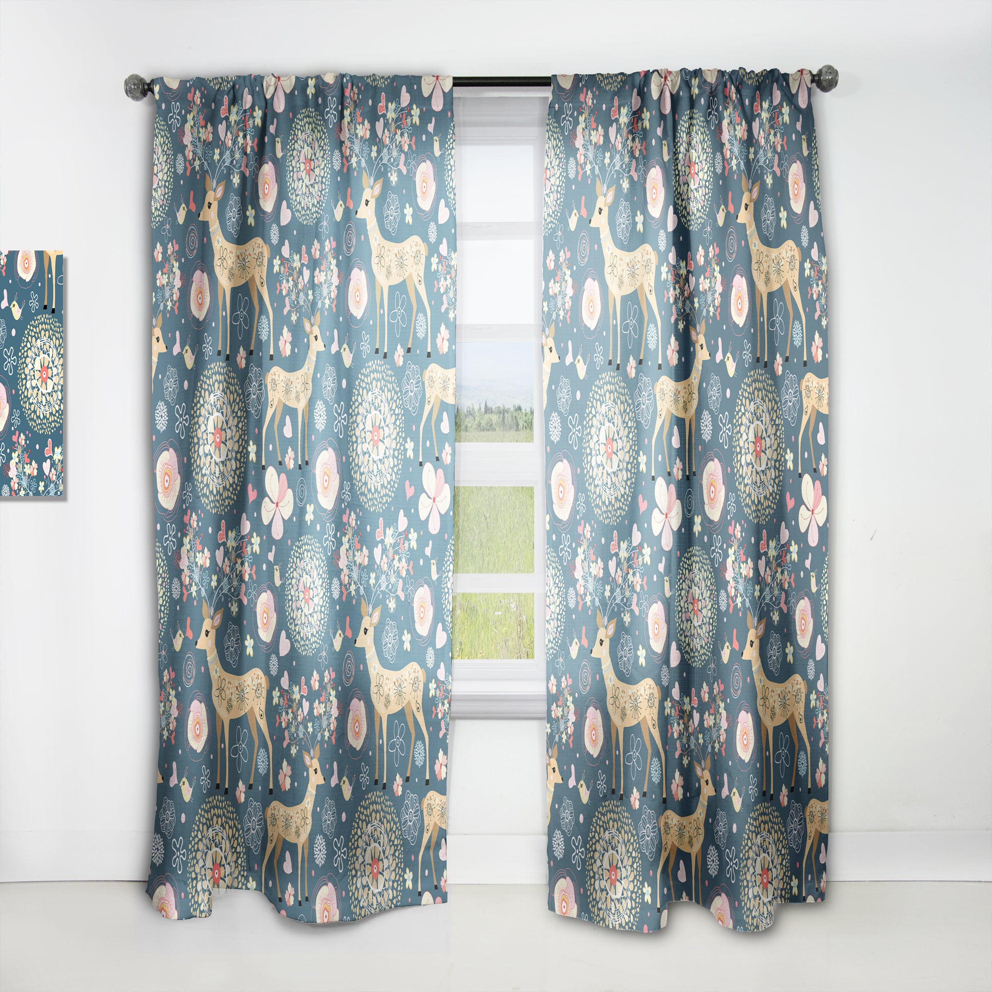 Designart 'Deer with Flowers and Hearts Antlers' Floral Curtain Panel