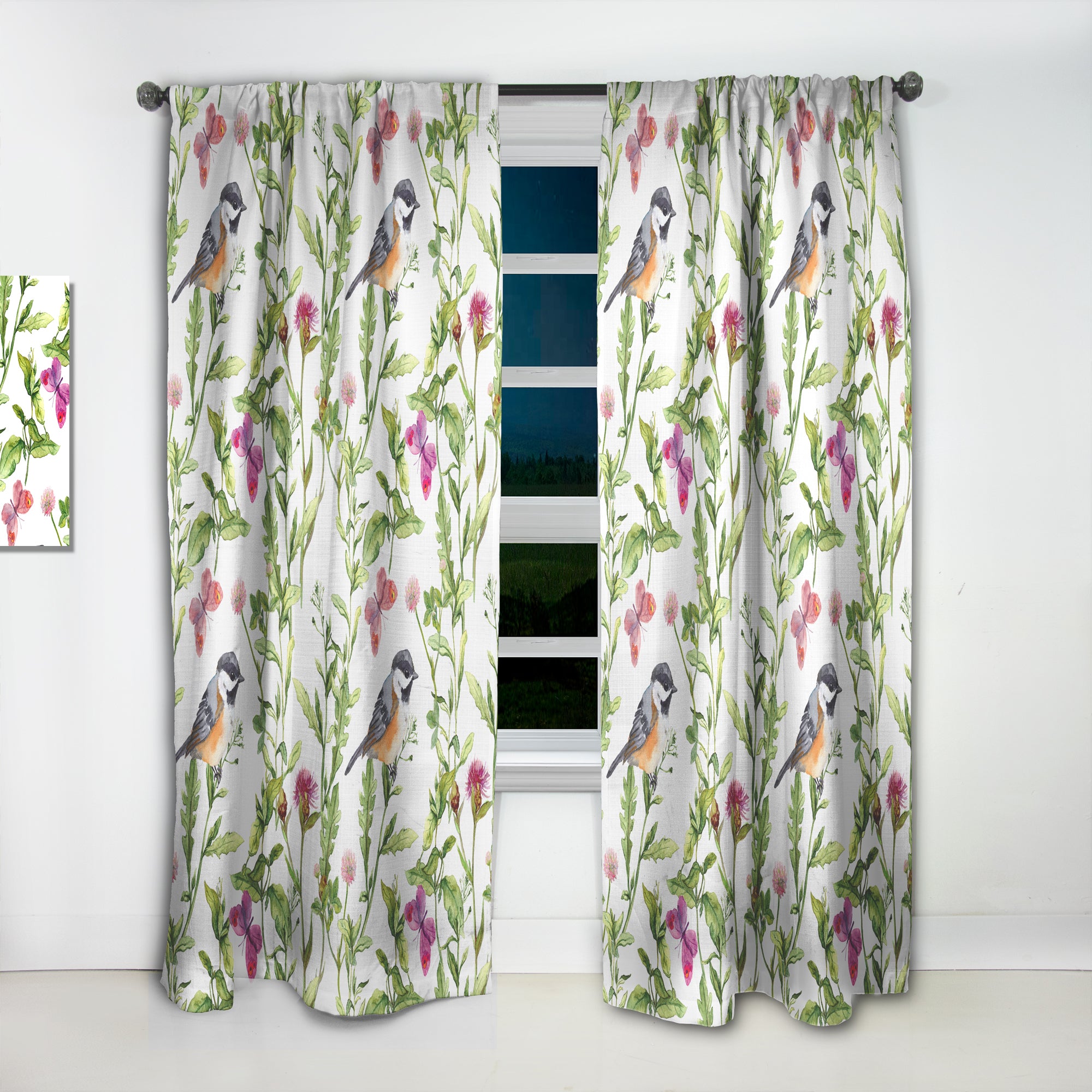 Designart 'Meadow with Butterflies, Birds and Herbs' Floral Curtain Panel