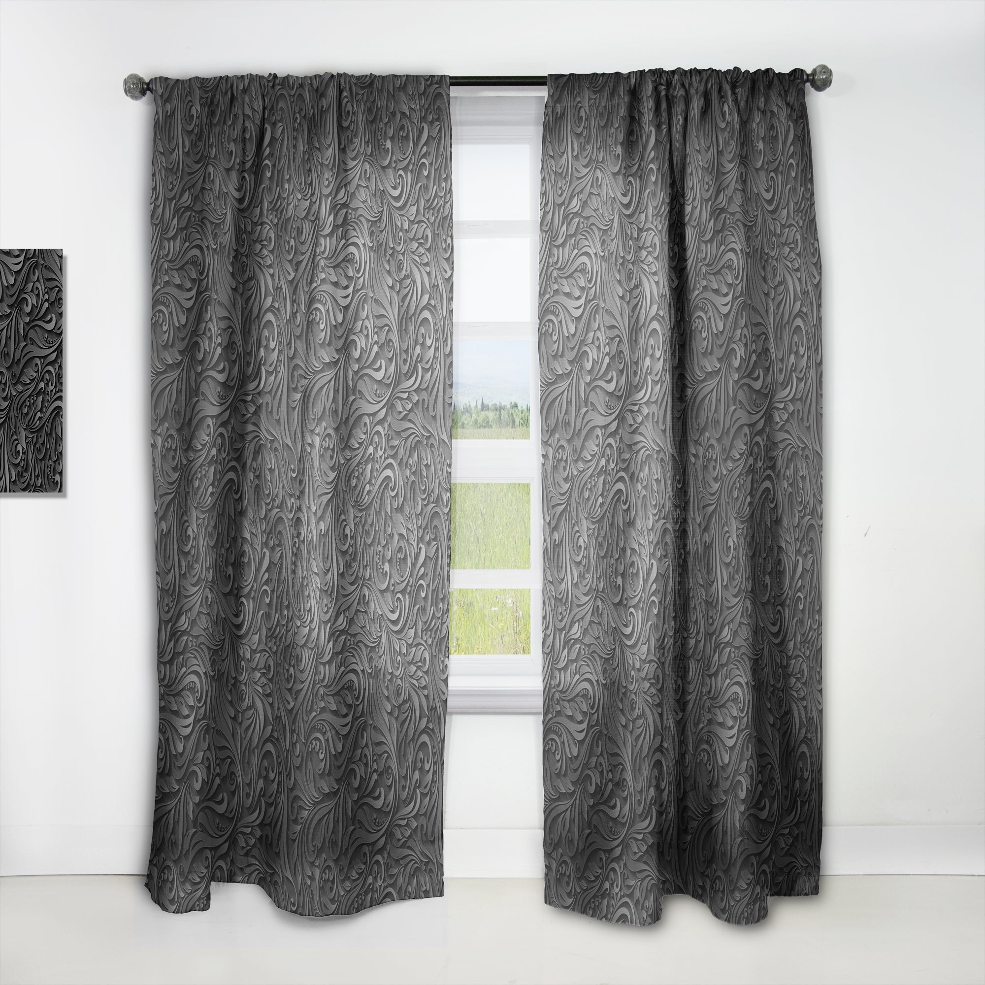Designart '3D leaves in Shades of Black' Modern & Contemporary Curtain Panel