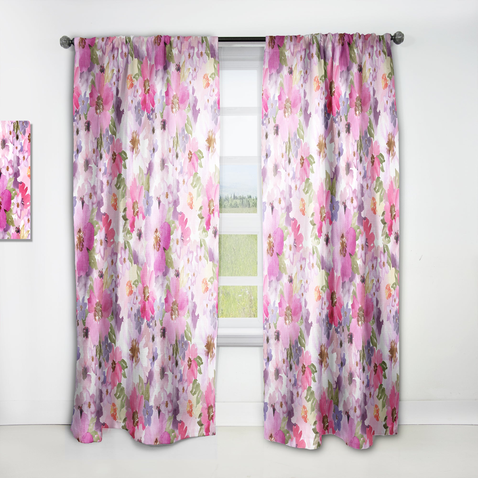 Designart 'Watercolor Pianted Pink and Purple Flowers' Floral Curtain Panel