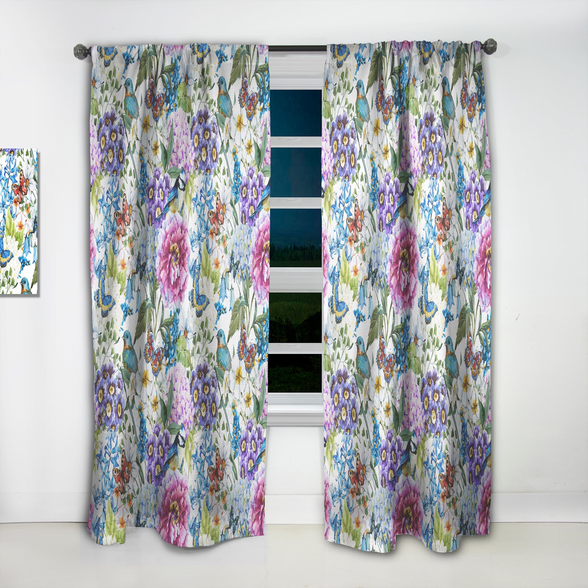 Designart 'Blue Bird And Blue and Purple Blossoming Flowers' Floral Curtain Panel