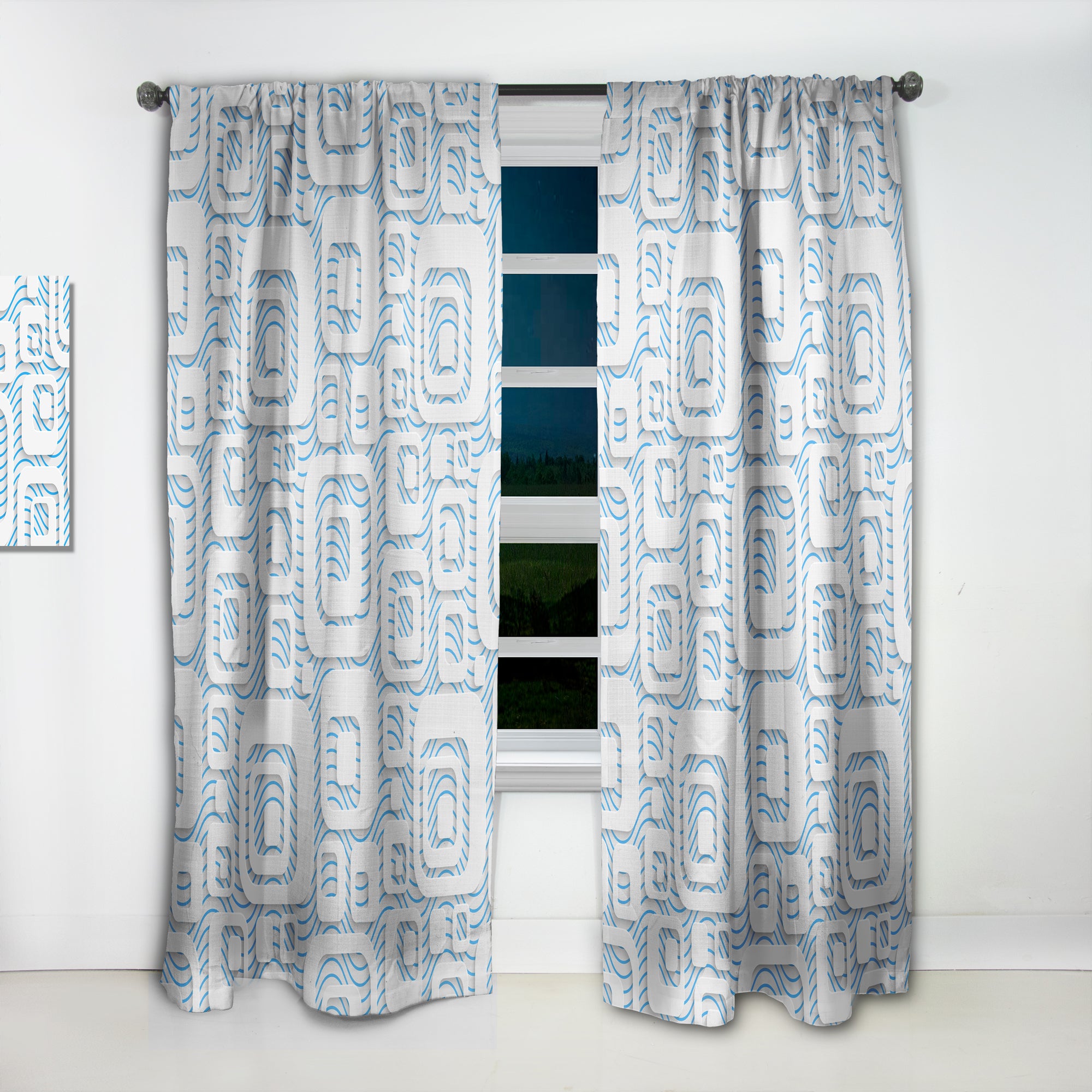 Designart '3D White And Blue Pattern I' Mid-Century Modern Curtain Panel