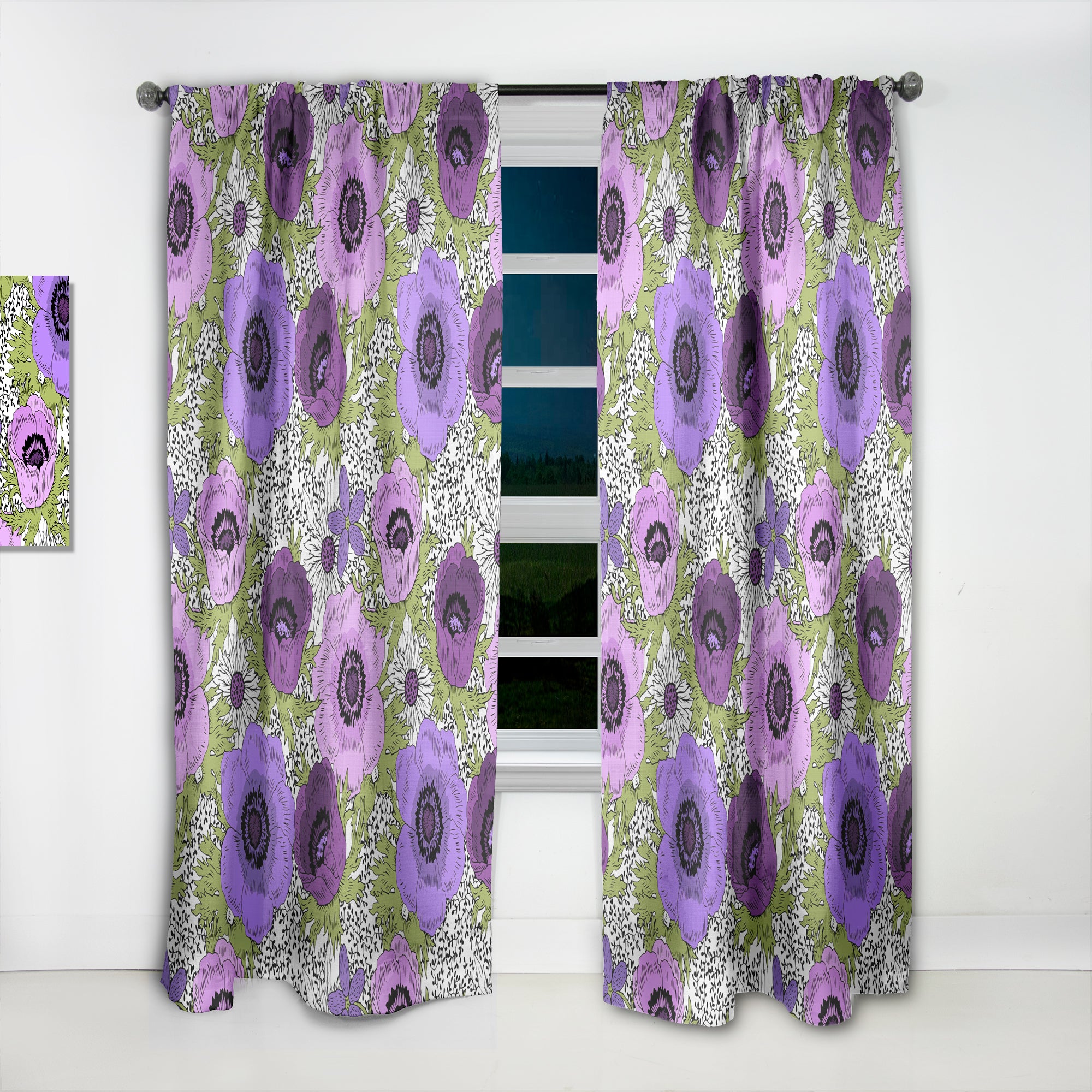 Designart 'Purple Retro Fantasy Flowers' Mid-Century Modern Curtain Panel