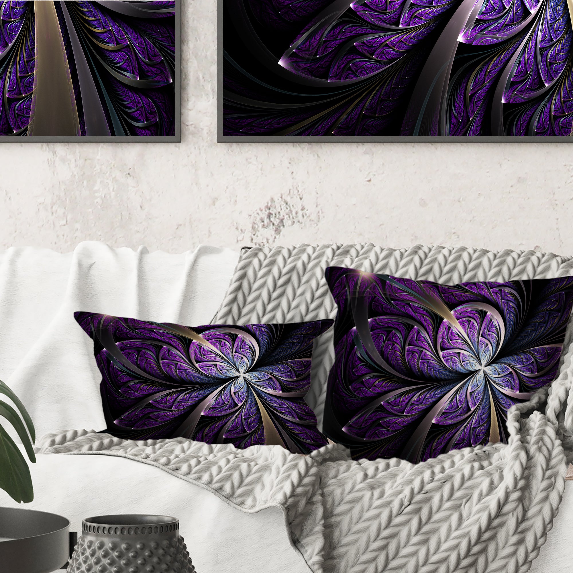 Glittering Purple Fractal Flower - Floral Throw Pillow