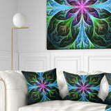 Glowing Blue and Green Fractal Flower Pattern - Floral Throw Pillow