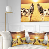 Pair of Zebras in Field At Sunset - African Throw Pillow