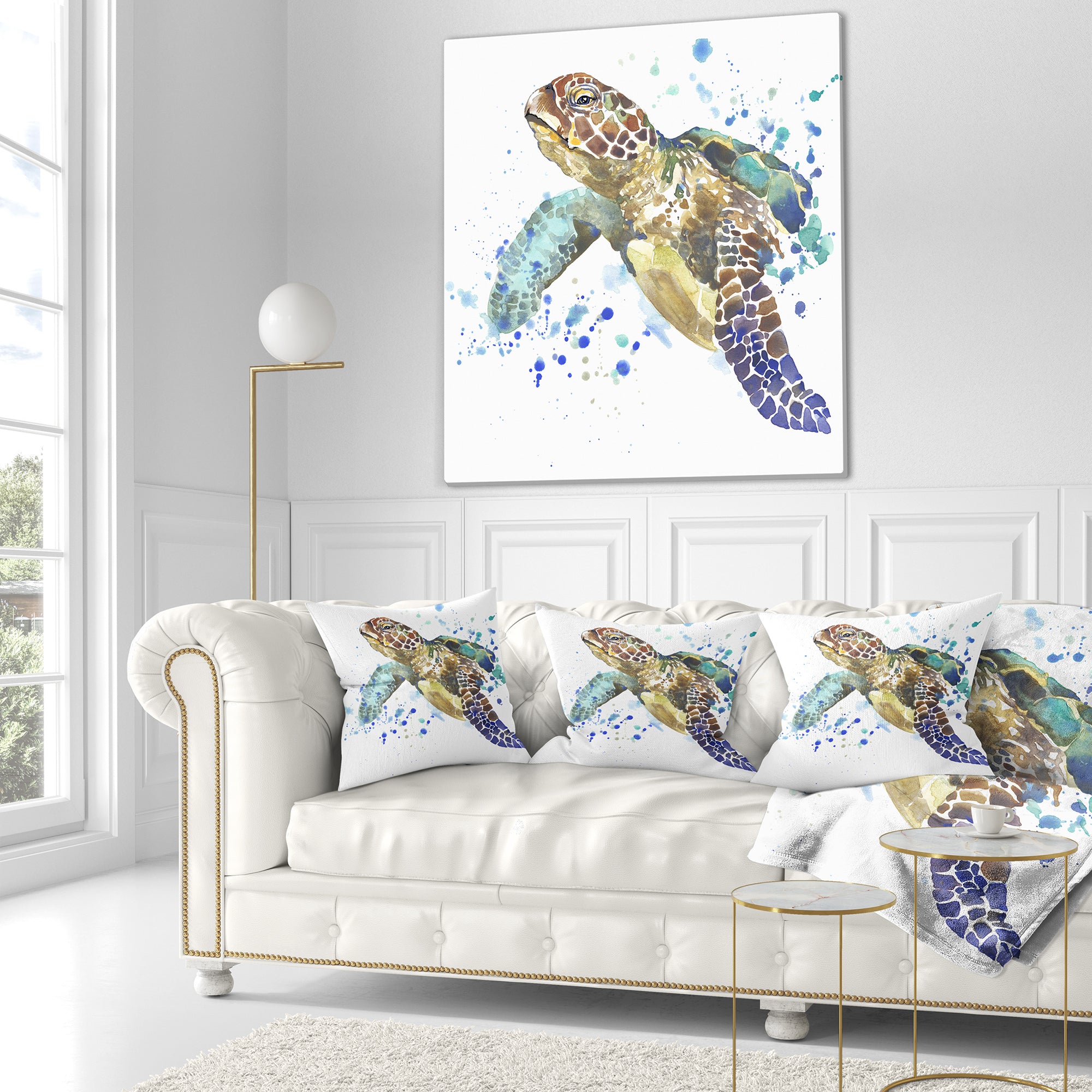 Blue Sea Turtle Illustration - Animal Throw Pillow