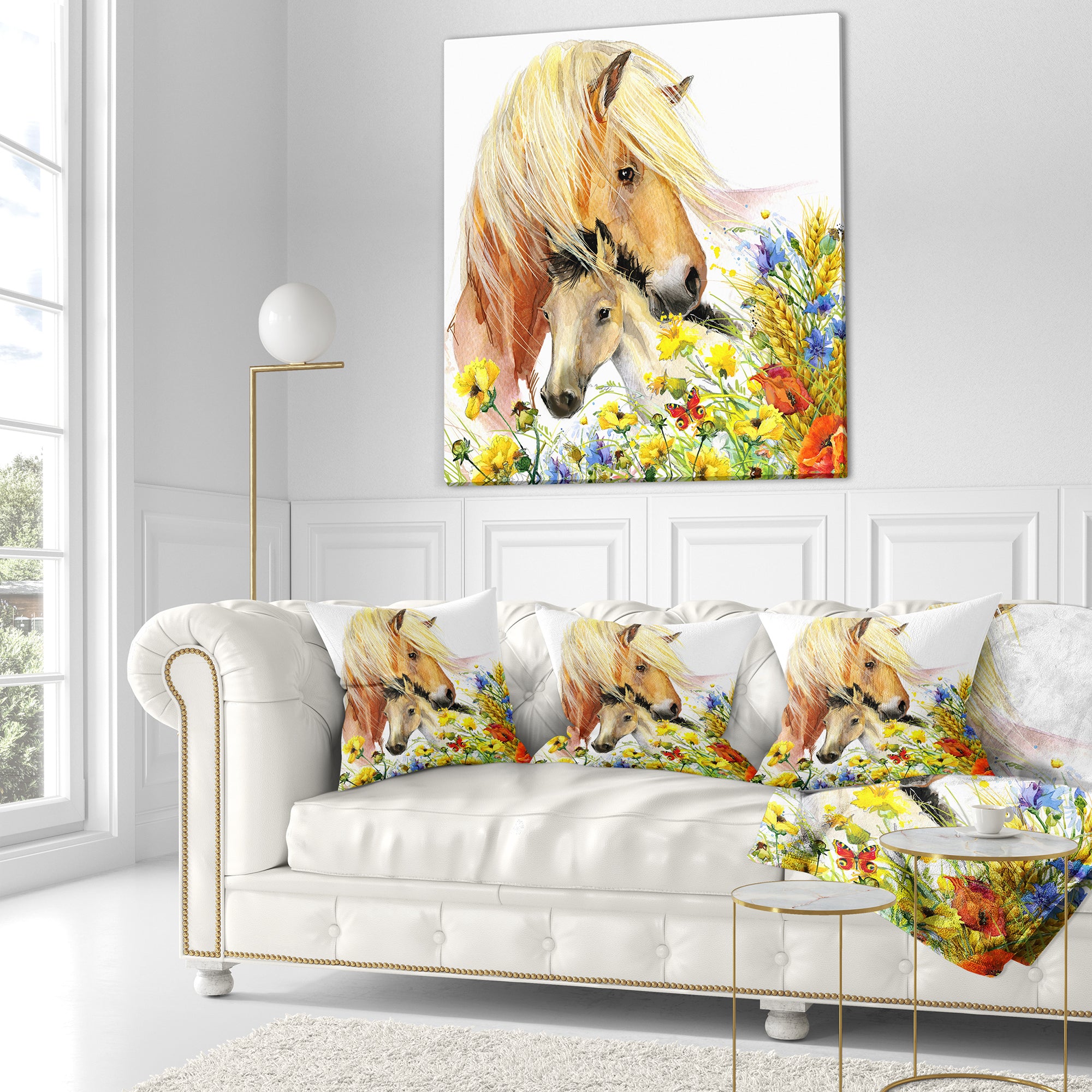 Horse and Foal with Meadow - Animal Throw Pillow