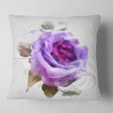 Watercolor Purple Rose with Leaves - Floral Throw Pillow