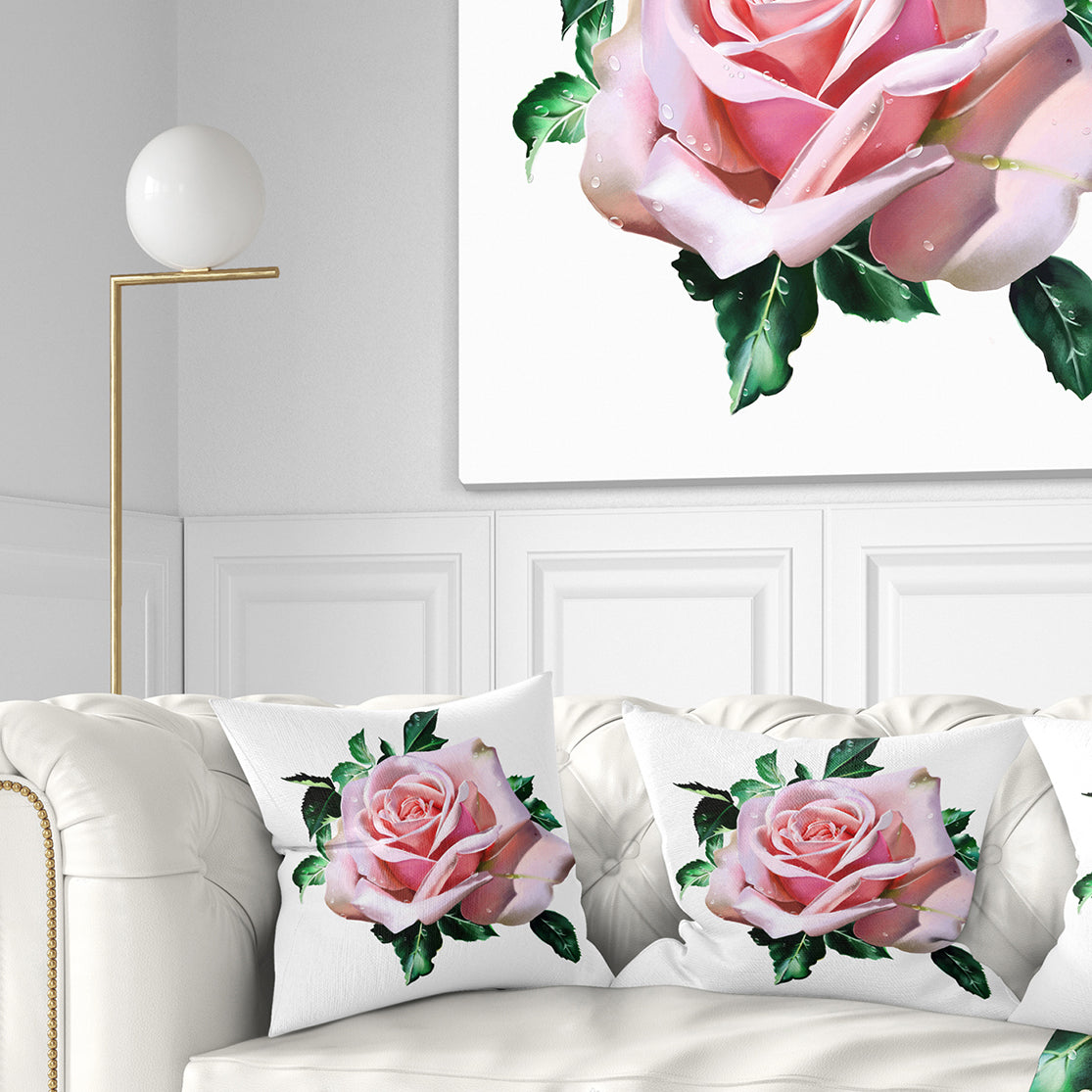 Watercolor Rose with Green Leaves - Floral Throw Pillow