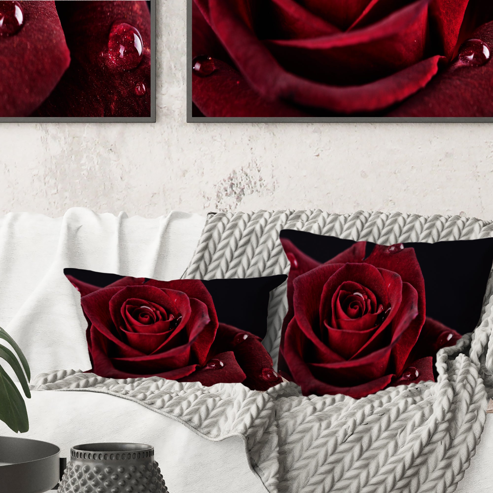 Red Rose with Raindrops on Black - Flowers Throw Pillowwork