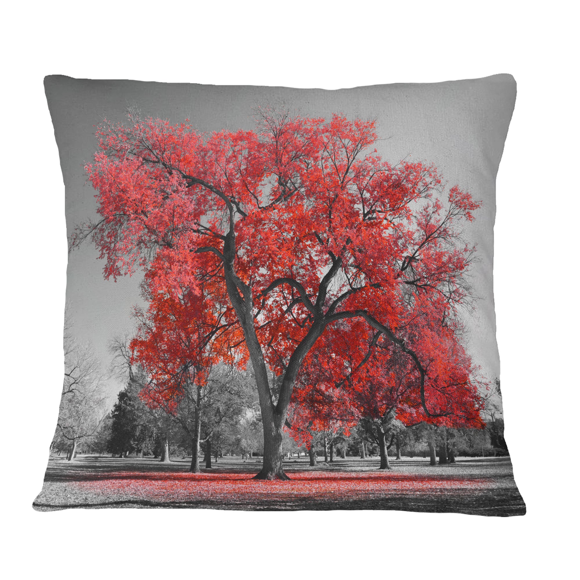 Big Red Tree on Foggy Day - Landscape Printed Throw Pillow
