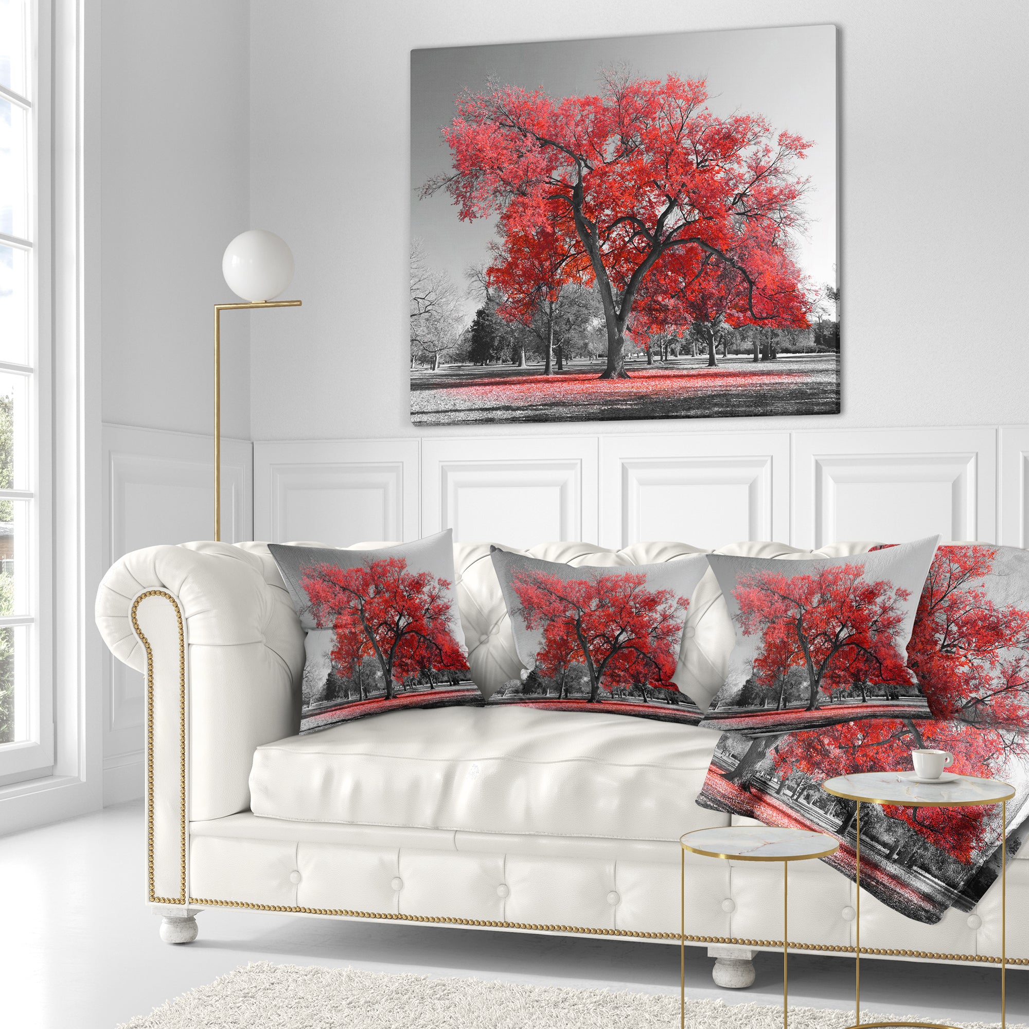 Big Red Tree on Foggy Day - Landscape Printed Throw Pillow