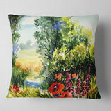 Watercolor Landscape with Flowers - Landscape Printed Throw Pillow