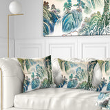 Blue Chinese Landscape Painting - Floral Throw Pillow