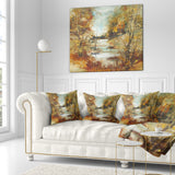 Brown River in Forest - Landscape Painting Throw Pillow