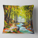 River in Green Autumn Forest - Landscape Painting Throw Pillow