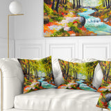 River in Green Autumn Forest - Landscape Painting Throw Pillow