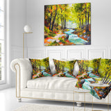 River in Green Autumn Forest - Landscape Painting Throw Pillow