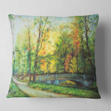 Bridge in Colorful Forest - Landscape Painting Throw Pillow