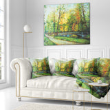 Bridge in Colorful Forest - Landscape Painting Throw Pillow