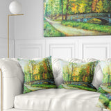 Bridge in Colorful Forest - Landscape Painting Throw Pillow