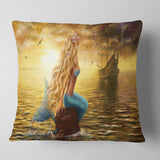 Sea Mermaid with Ghost Ship - Seascape Throw Pillow