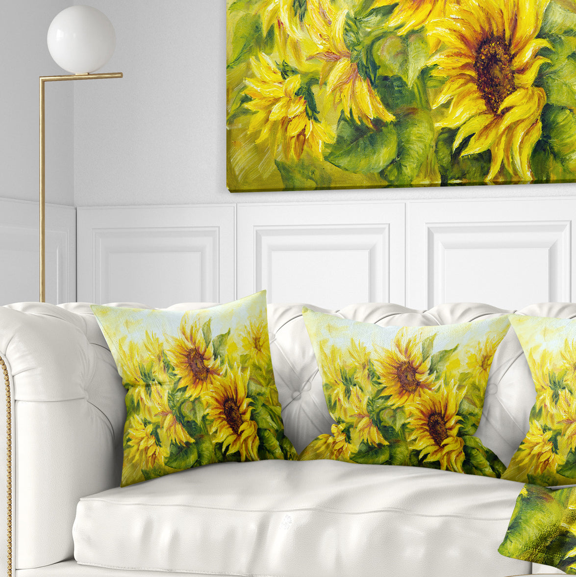 Bright Yellow Sunny Sunflowers - Floral Painting Throw Pillow
