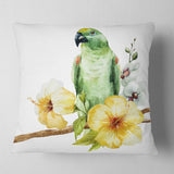 Parrot with Flowers Watercolor - Floral Painting Throw Pillow