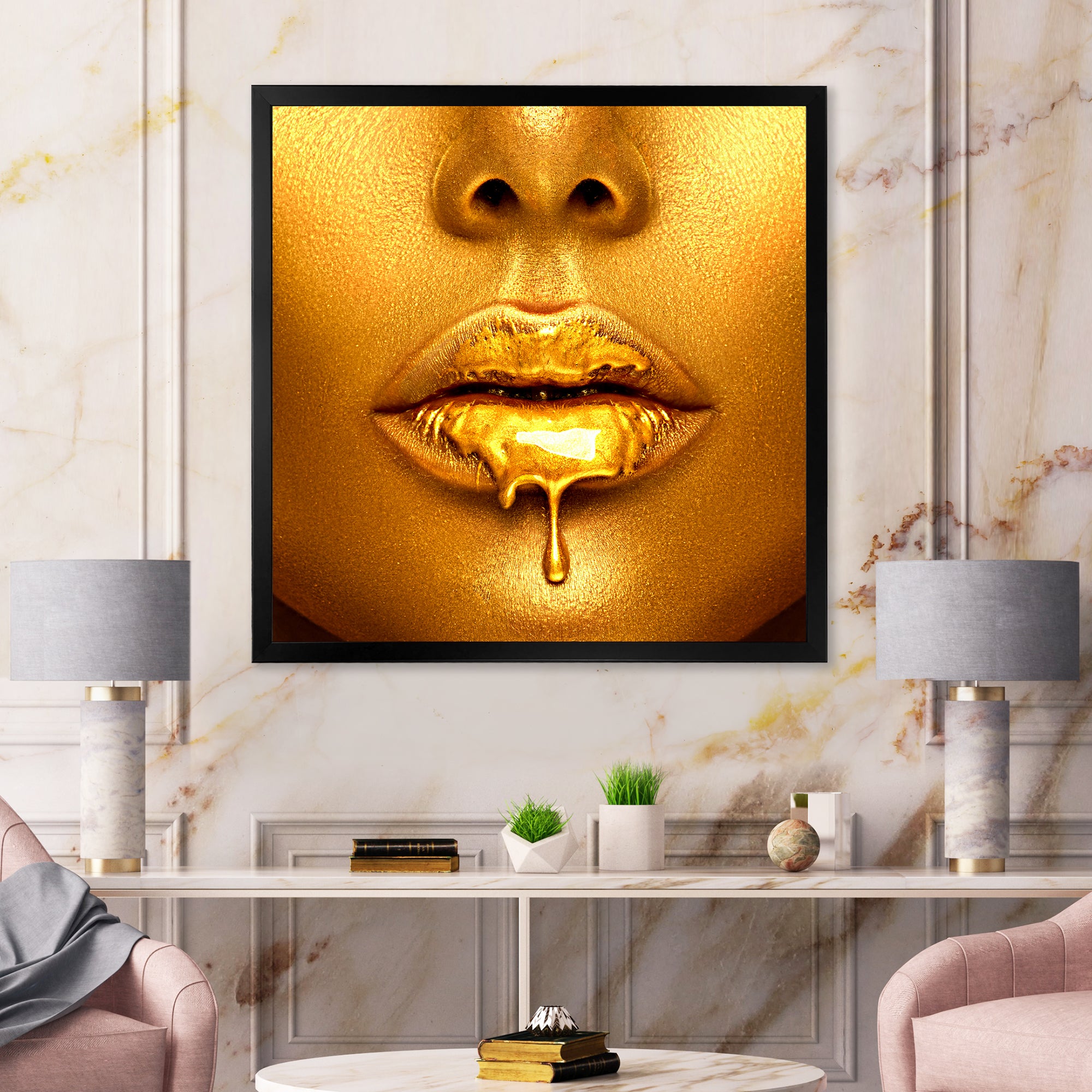 Gold Paint Drips From Sexy Woman Lips
