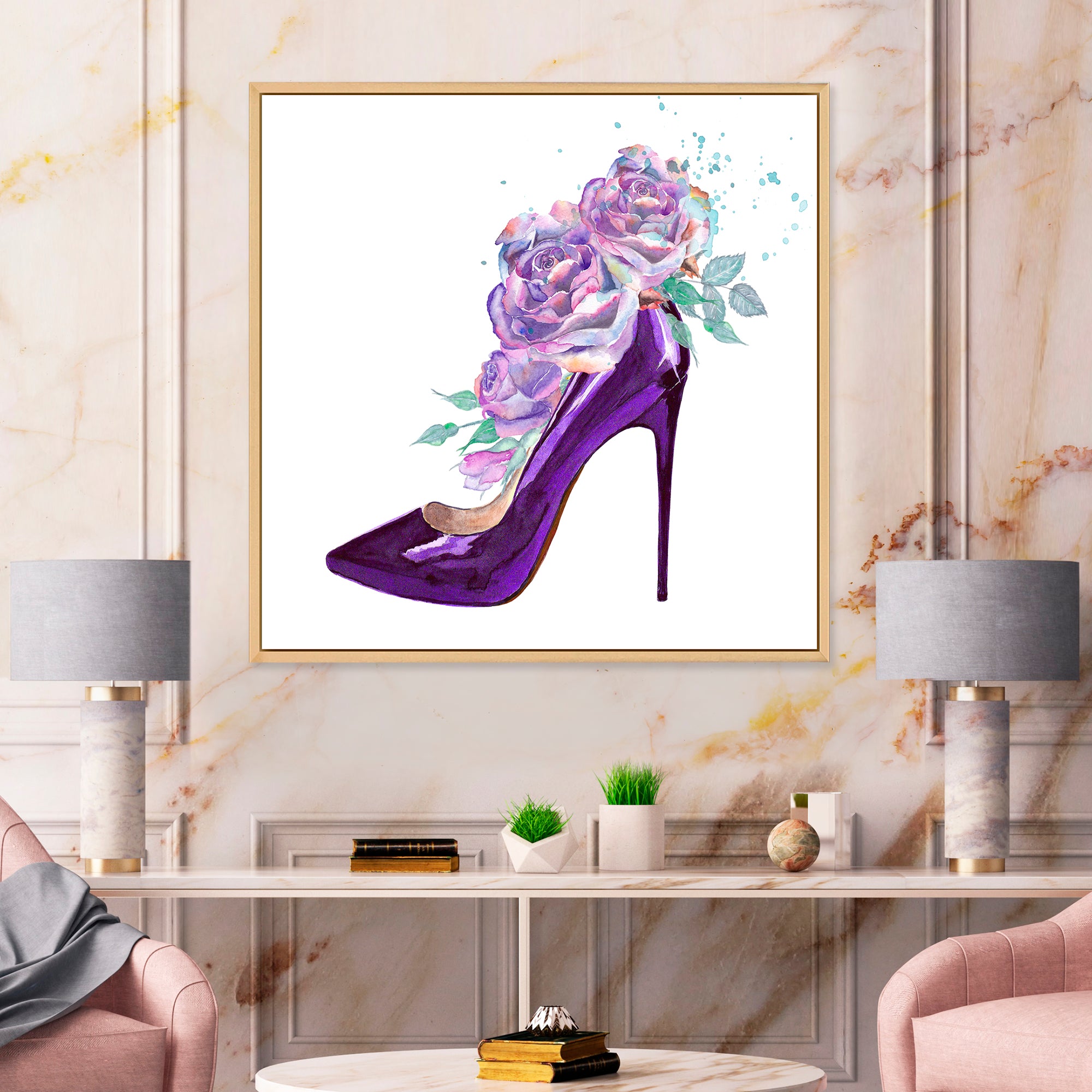 Dark Purple Stiletto Shoe With Pink VIolet Roses
