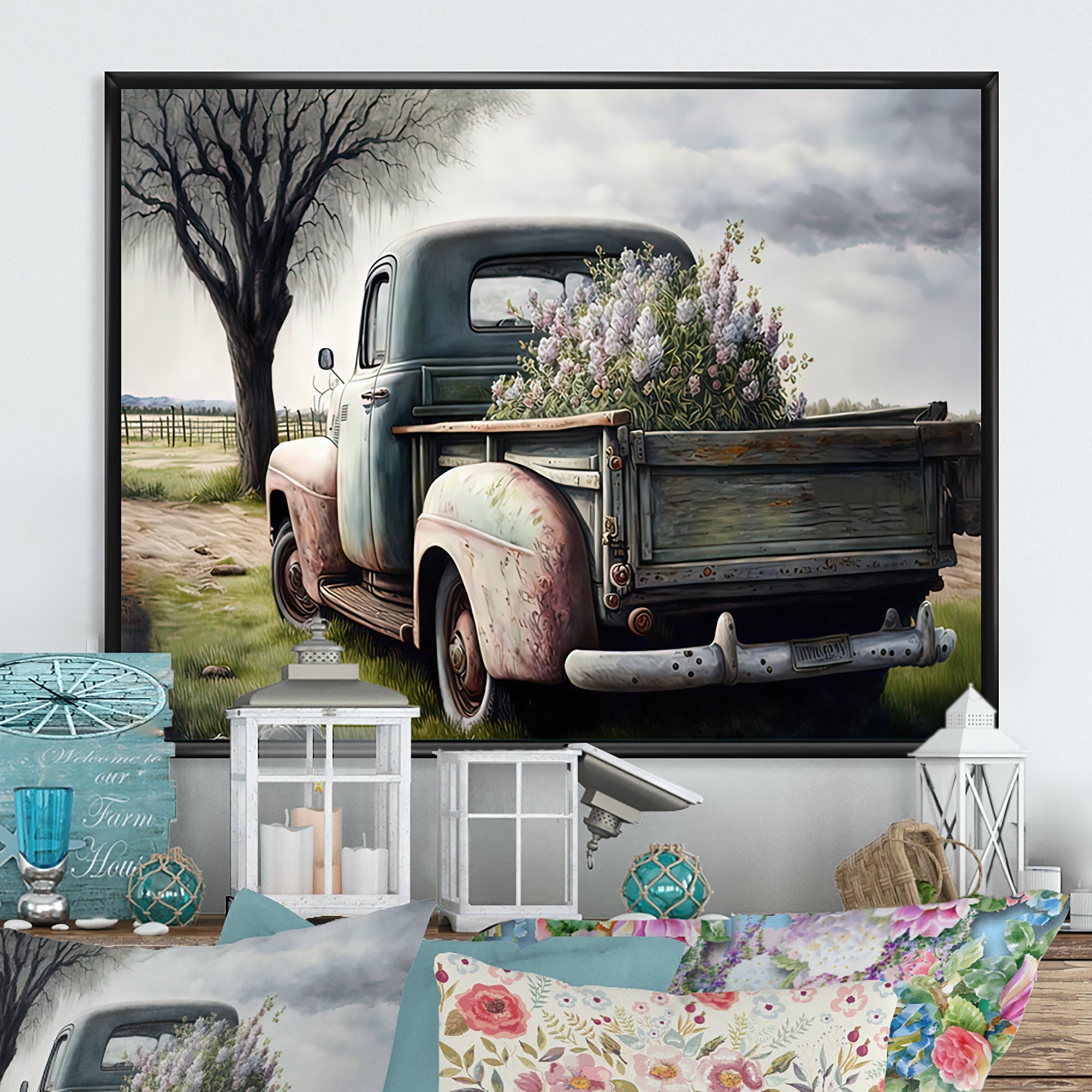 Green Truck Florals Framed 5x7 Canvas