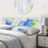 World Map In Green and Blue upholstered headboard