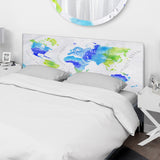 World Map In Green and Blue upholstered headboard