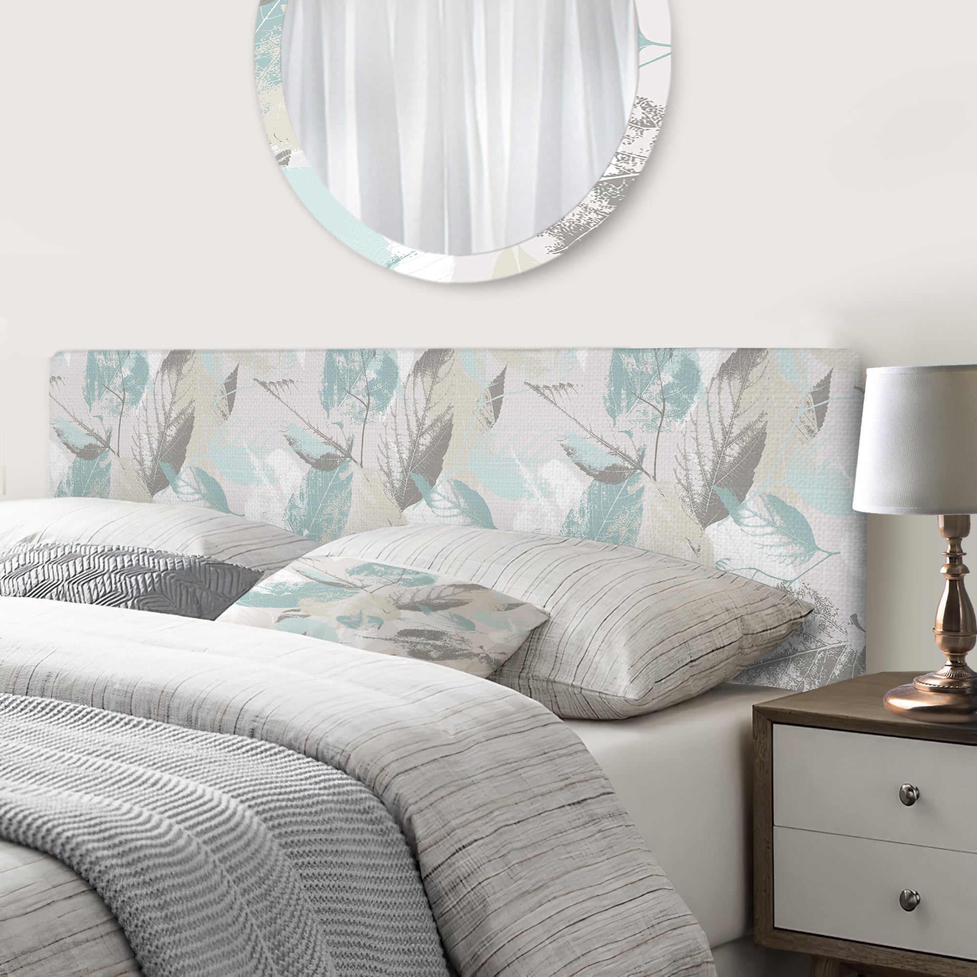 Gray And Blue Pastel Flowers And Leaves upholstered headboard