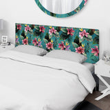 Pink Tropical Flowers On Teal upholstered headboard