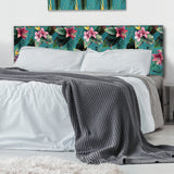 Pink Tropical Flowers On Teal upholstered headboard