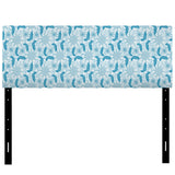 Light Blue Flower On White upholstered headboard