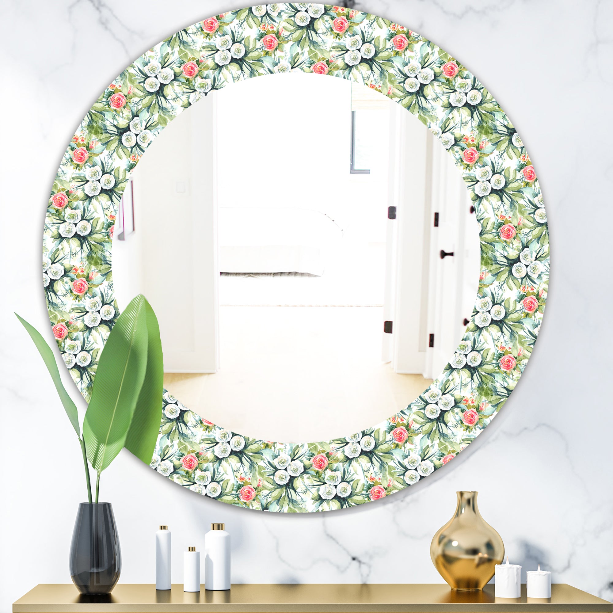 Designart 'Green Flowers 10' Traditional Mirror - Oval or Round Wall Mirror
