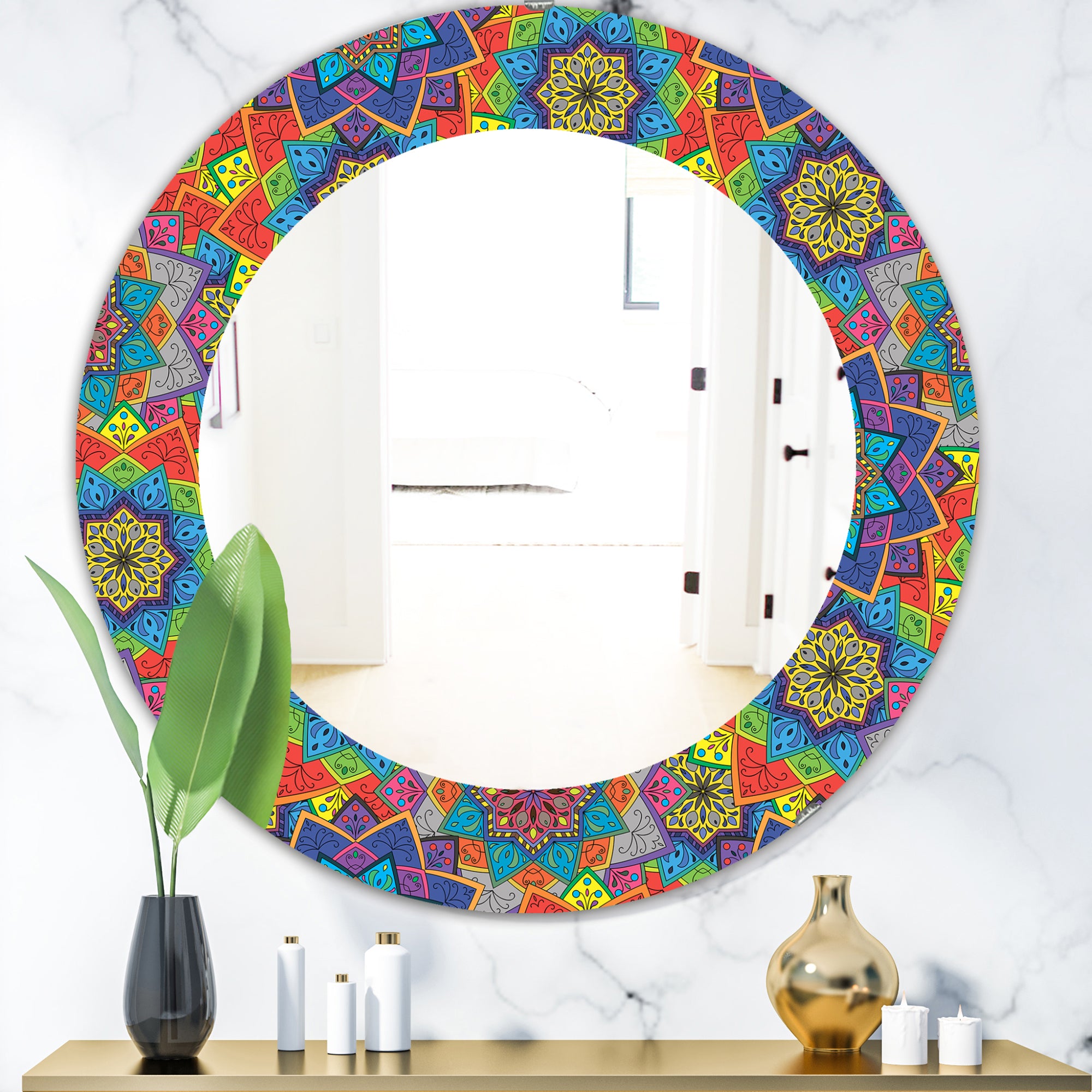 Designart 'Colored Indian Ornament' Bohemian and Eclectic Mirror - Oval or Round Wall Mirror