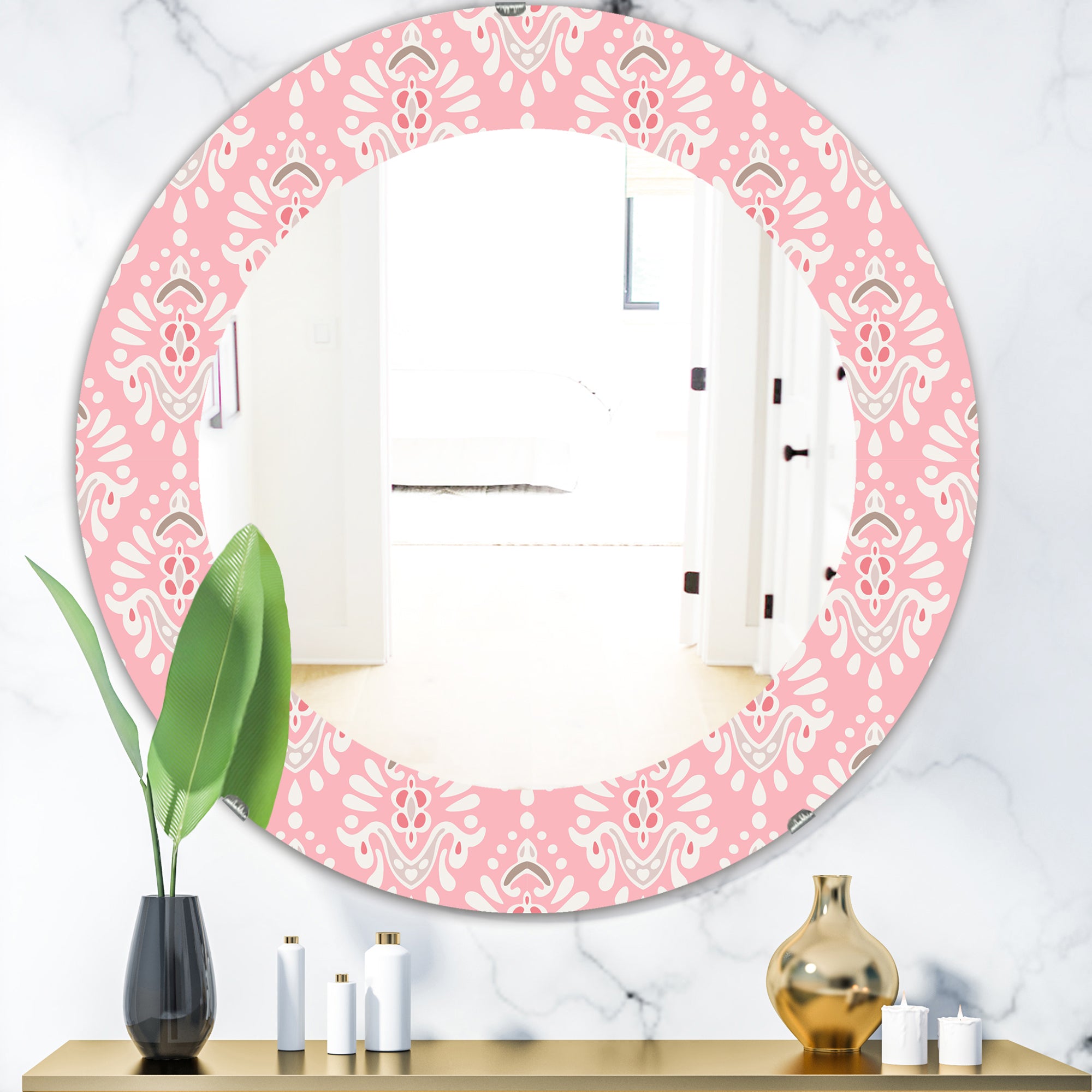 Designart 'Pink Spheres 2' Farmhouse Mirror - Oval or Round Wall Mirror