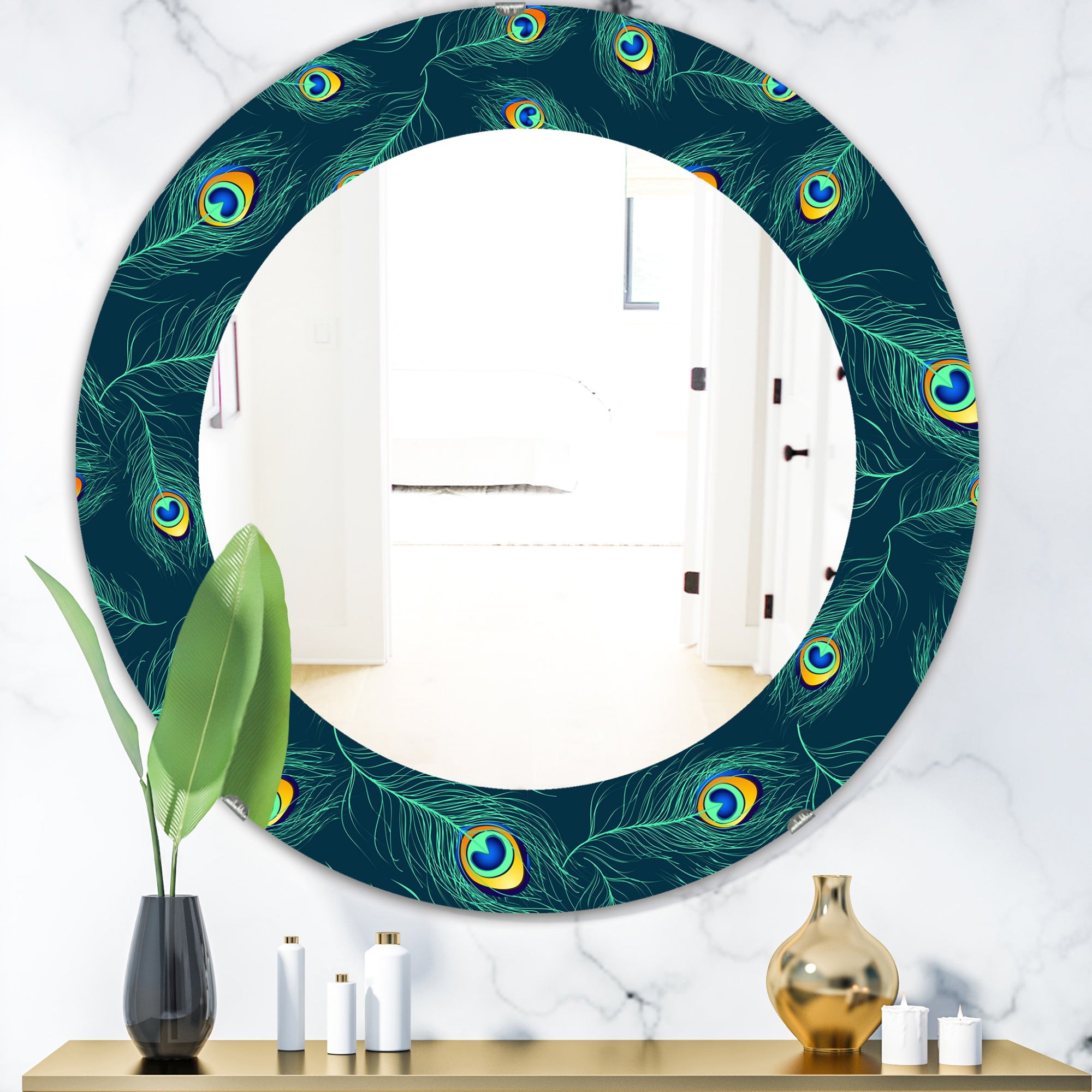 Designart 'Pattern Of Peacock Feathers' Modern Mirror - Oval or Round Wall Mirror