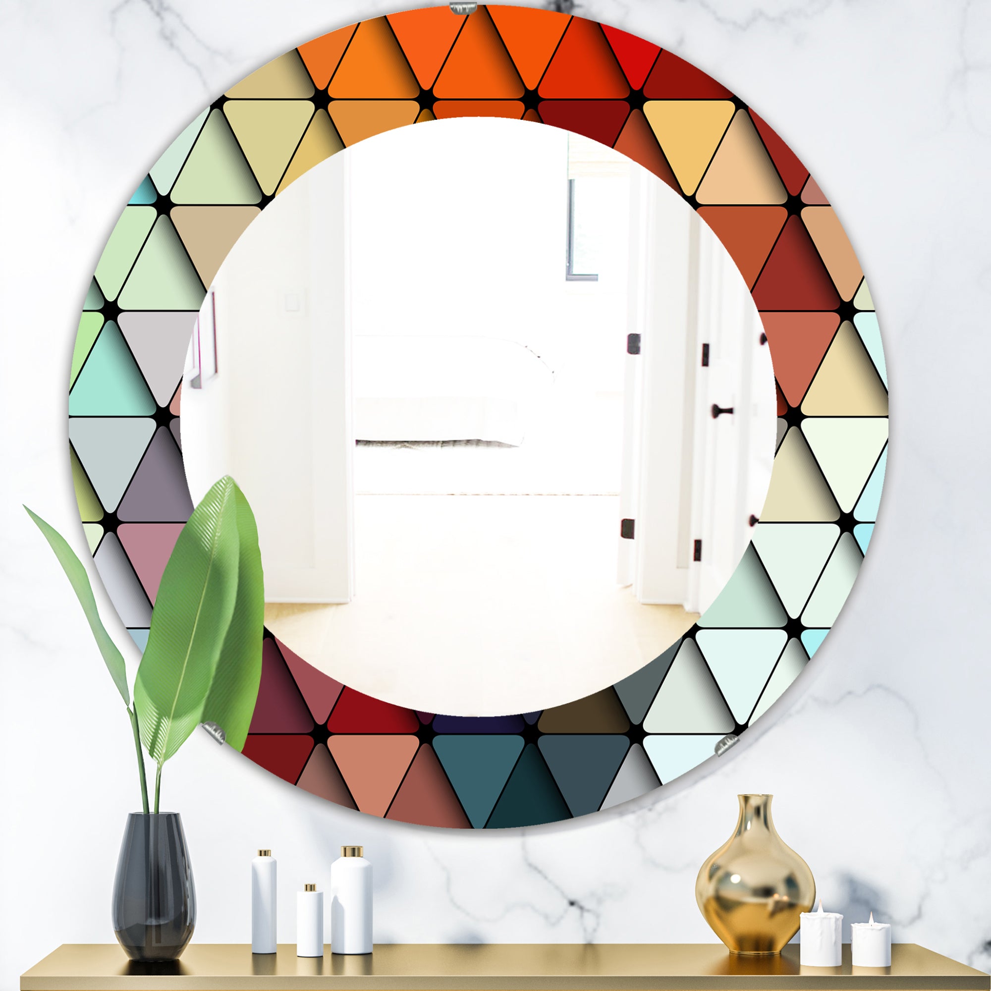 Designart 'Triangular Colourfields 23' Modern Mirror - Contemporary Oval or Round Bathroom Mirror