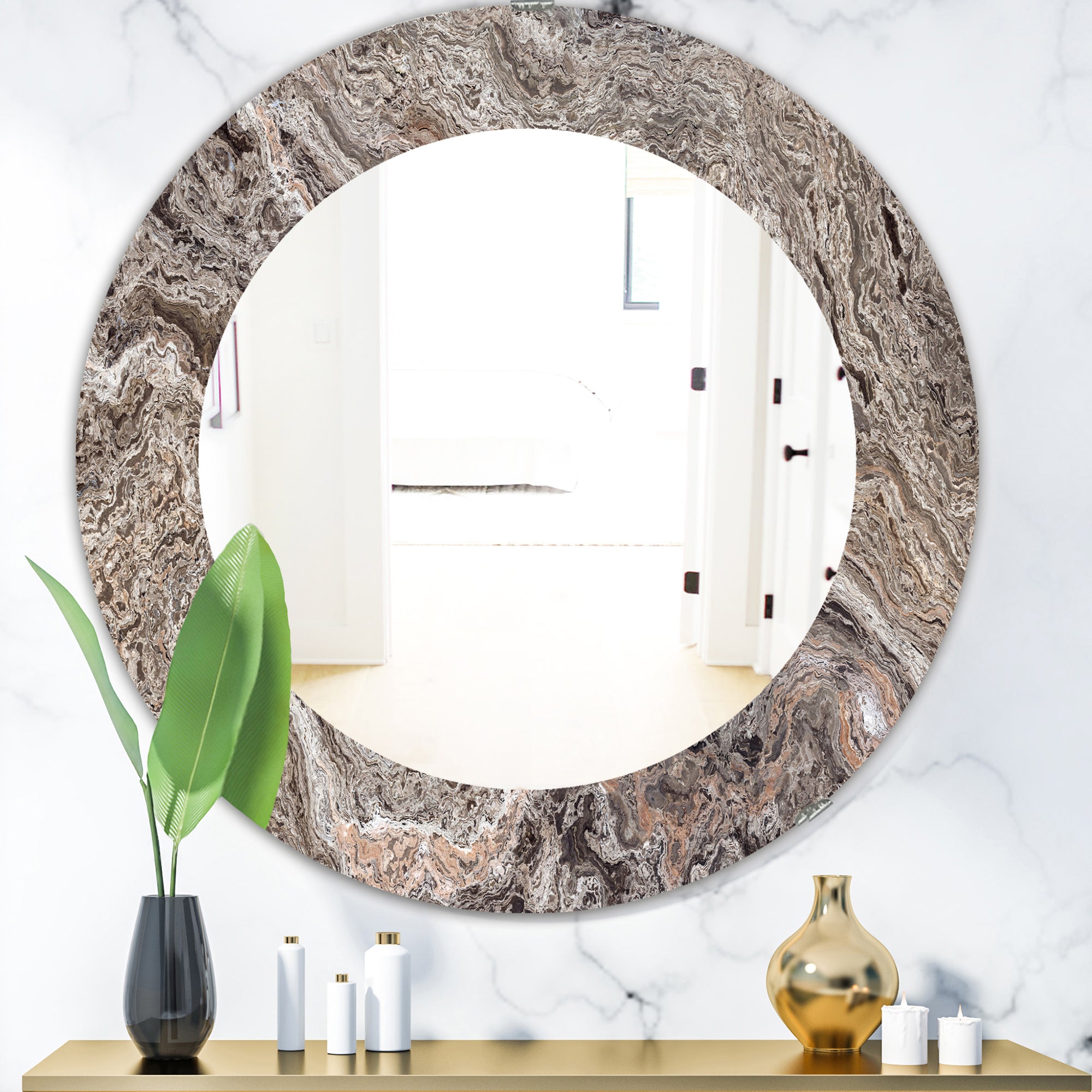 Designart 'Onyx Travertine Tile' Mid-Century Mirror - Oval or Round Wall Mirror