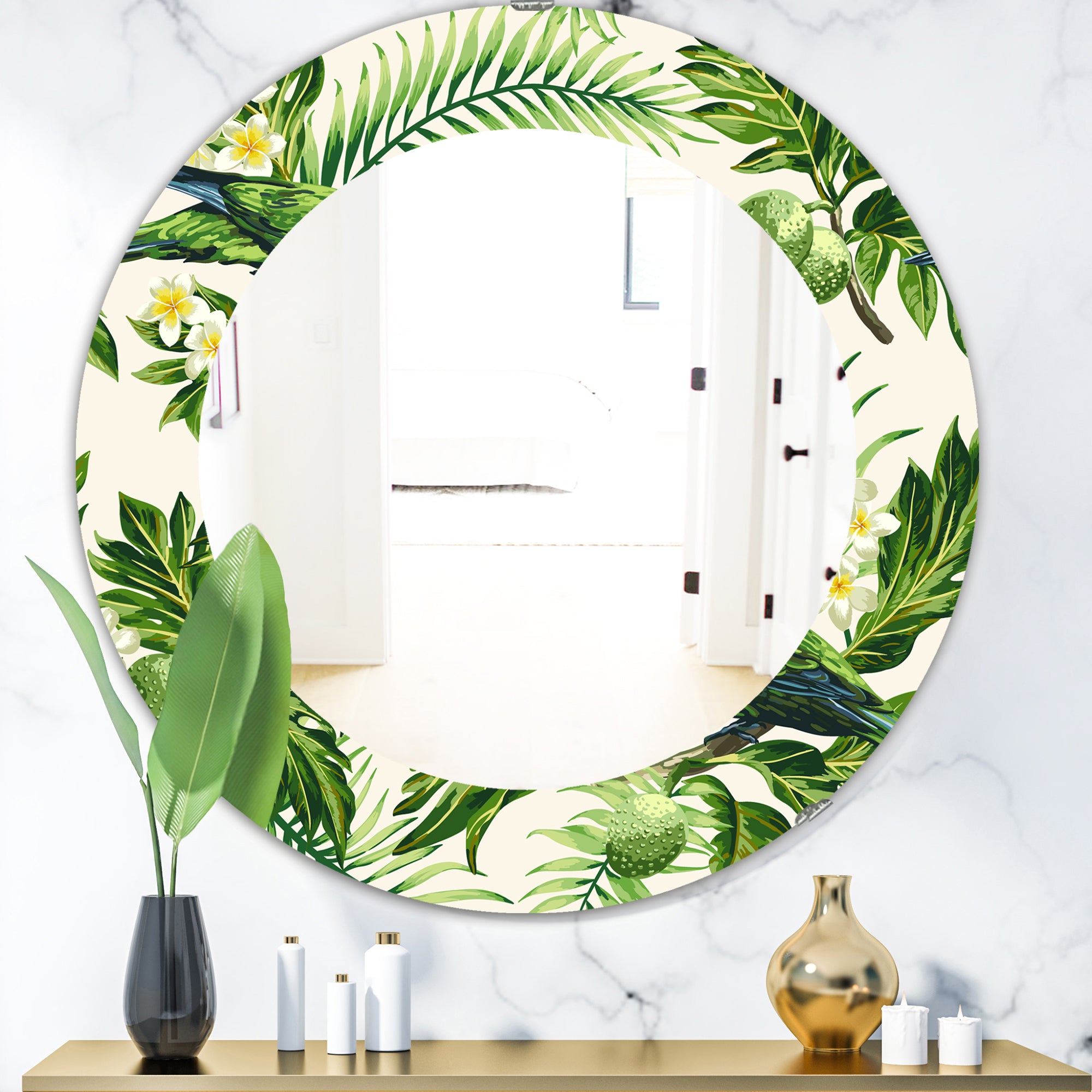 Designart 'Tropical Leaves Green' Bohemian and Eclectic Mirror - Oval or Round Wall Mirror