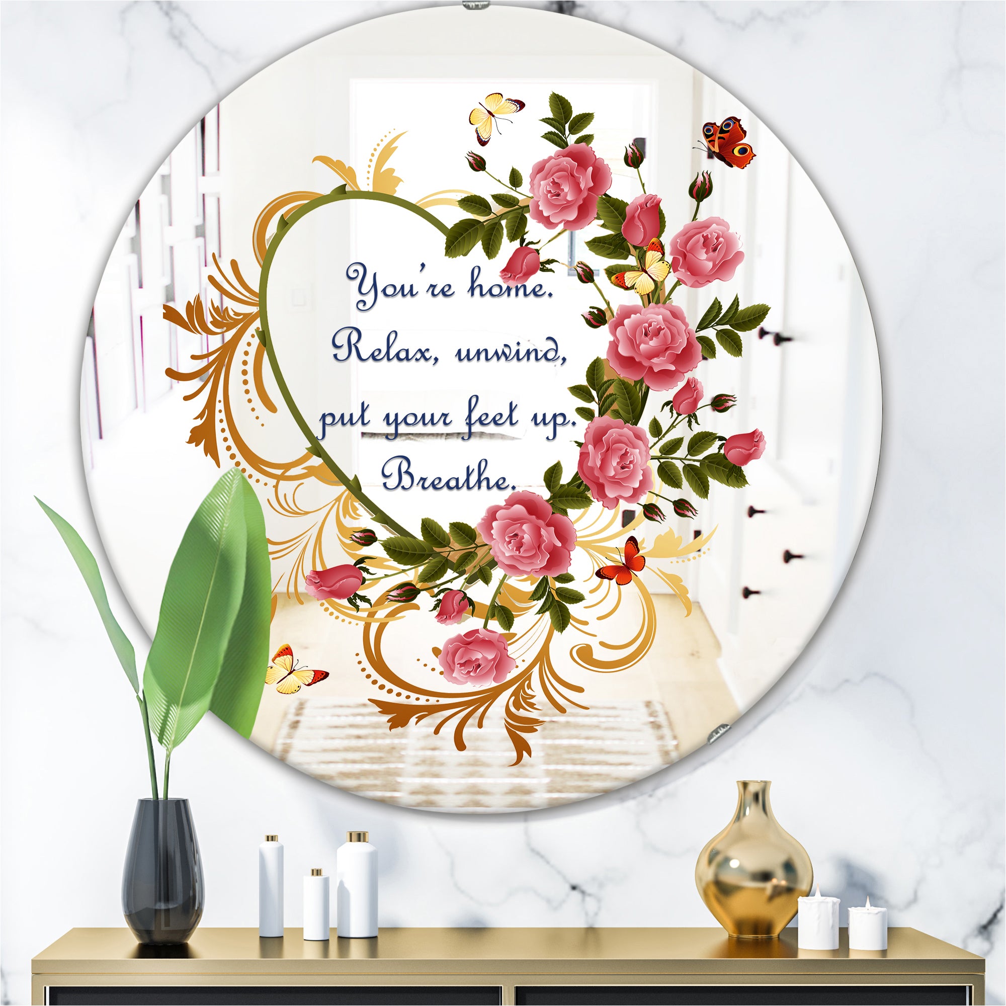 Designart 'You Are Home. Relax. Flower Heart' Cabin and Lodge Mirror - Round Wall Mirror