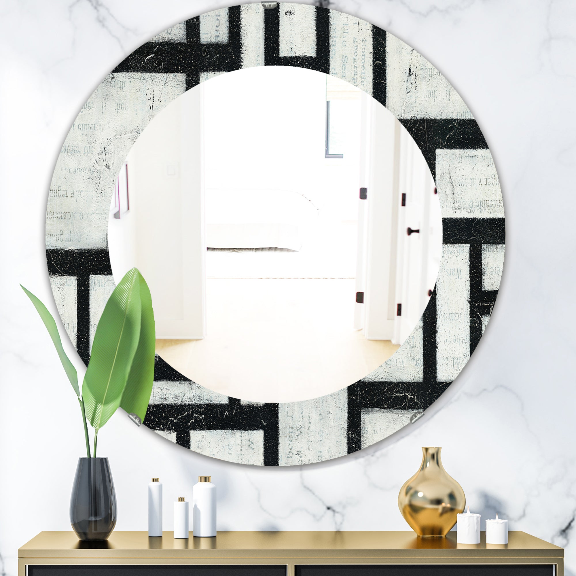 Designart 'Black and White Labyrinth Geometric' Mid-Century Mirror - Oval or Round Wall Mirror